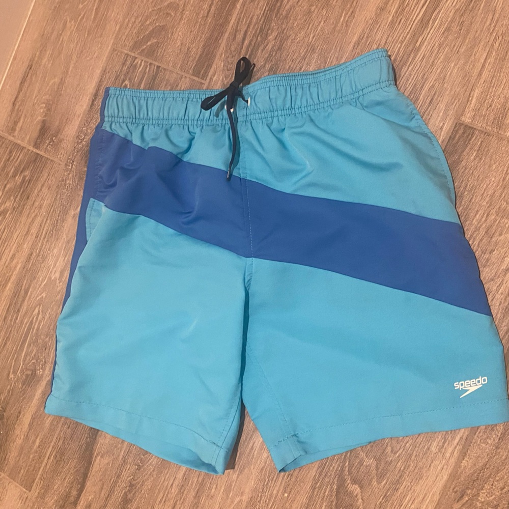 Speedo Light Blue Swim Shorts with Navy Diagonal Stripe Size Med